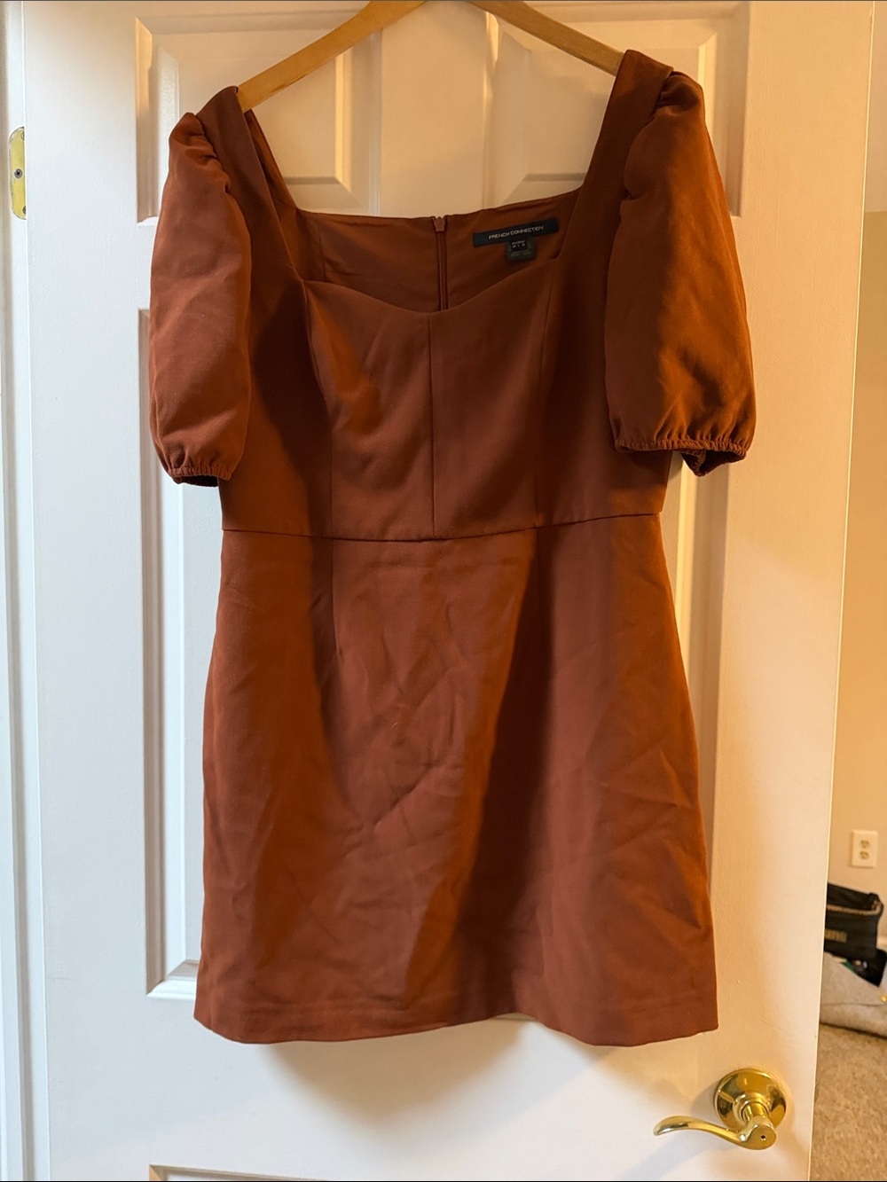 French Connection Rust Puff Sleeve Square Neck Mini Dress